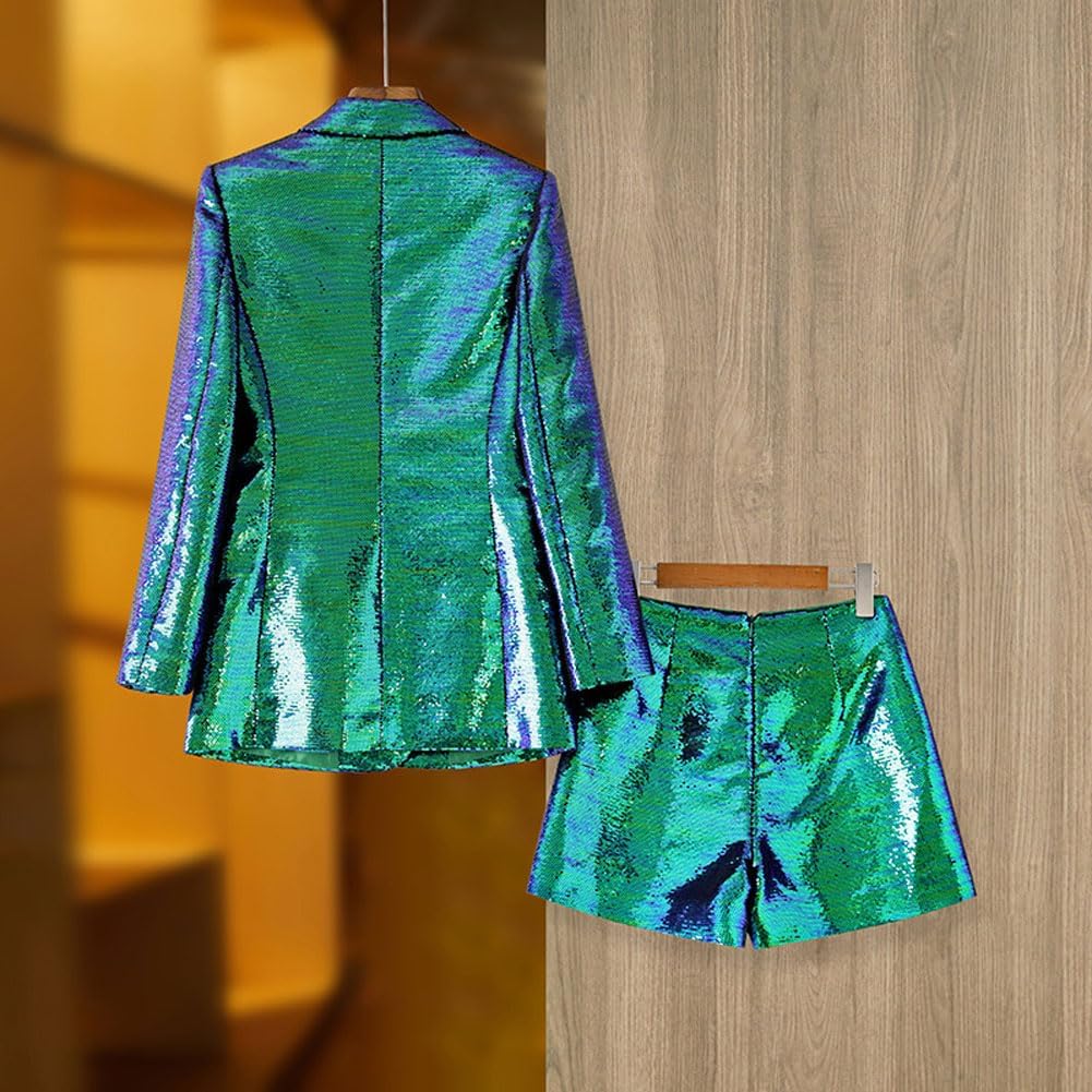Sequin Blazer and Short Set for Women 2 PC Slim Fit Notch Lapel Prom Party Suit Women's Glitter Suit