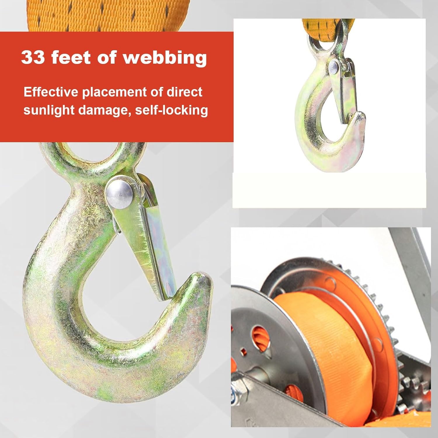 Boat Trailer Winch Hand with Boat Winch Strap,2500lbs Heavy Duty Hook with 33ft Polyester Strap Hand Crank Winch, Boat Winches for Trailers,2-Way Ratchet 4:1 GEA