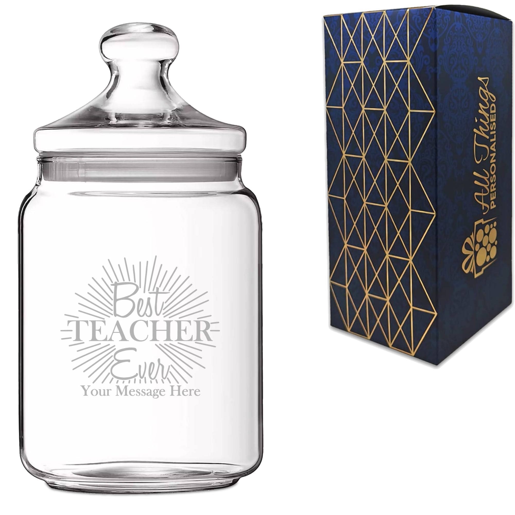 Personalised 1 Litre Glass Sweets Biscuits Jar with Best Teacher Ever Design, Custom Laser Engraved Treat Jar with Lid, Personalised Gift for Birthdays, Christmas or End of Term, Gift Box Included