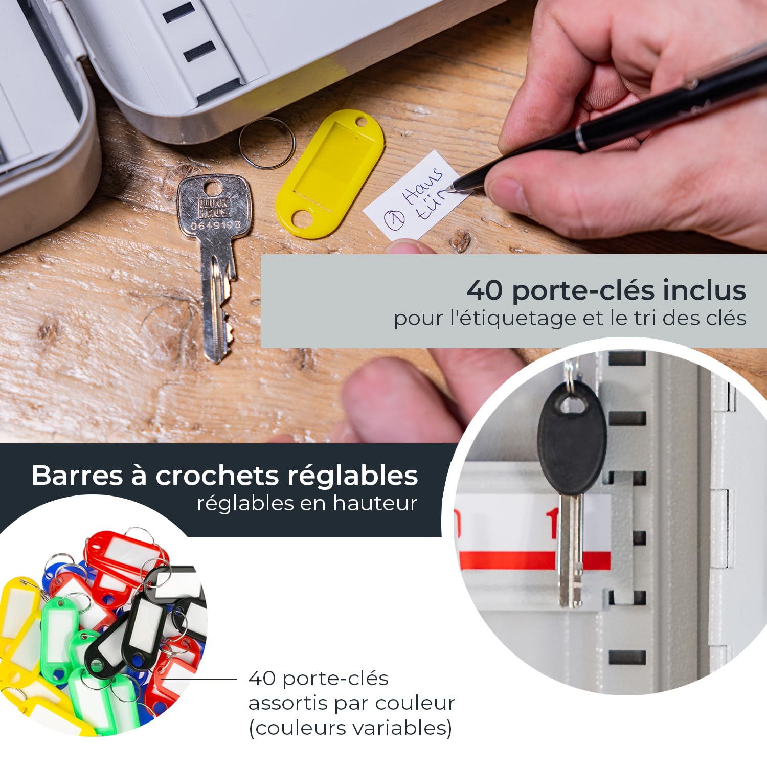 HMF Grande Armoire à clés en Acier, Coffret à clés verrouillable avec Serrure pour entrée, Bureau ou Garage | 40 Crochets pour clés | 30 x 24 x 7,5 cm | Gris Clair