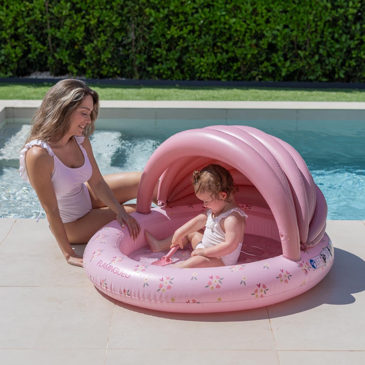 Flamingueo Mini Piscina Infantil - con Toldo para el Sol - para Playa y Jardín - PVC Resistente - Válvula Drenaje - 120 x 110 x 65 cm - Rosa