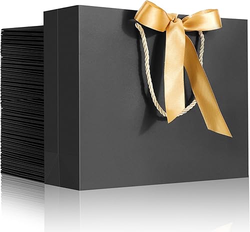 EUSOAR Bolsas de regalo de agradecimiento con asas, 50 bolsas de papel de estraza negras de 10.6 x 3.1 x 8.3 pulgadas, con asa de cinta de lazo,