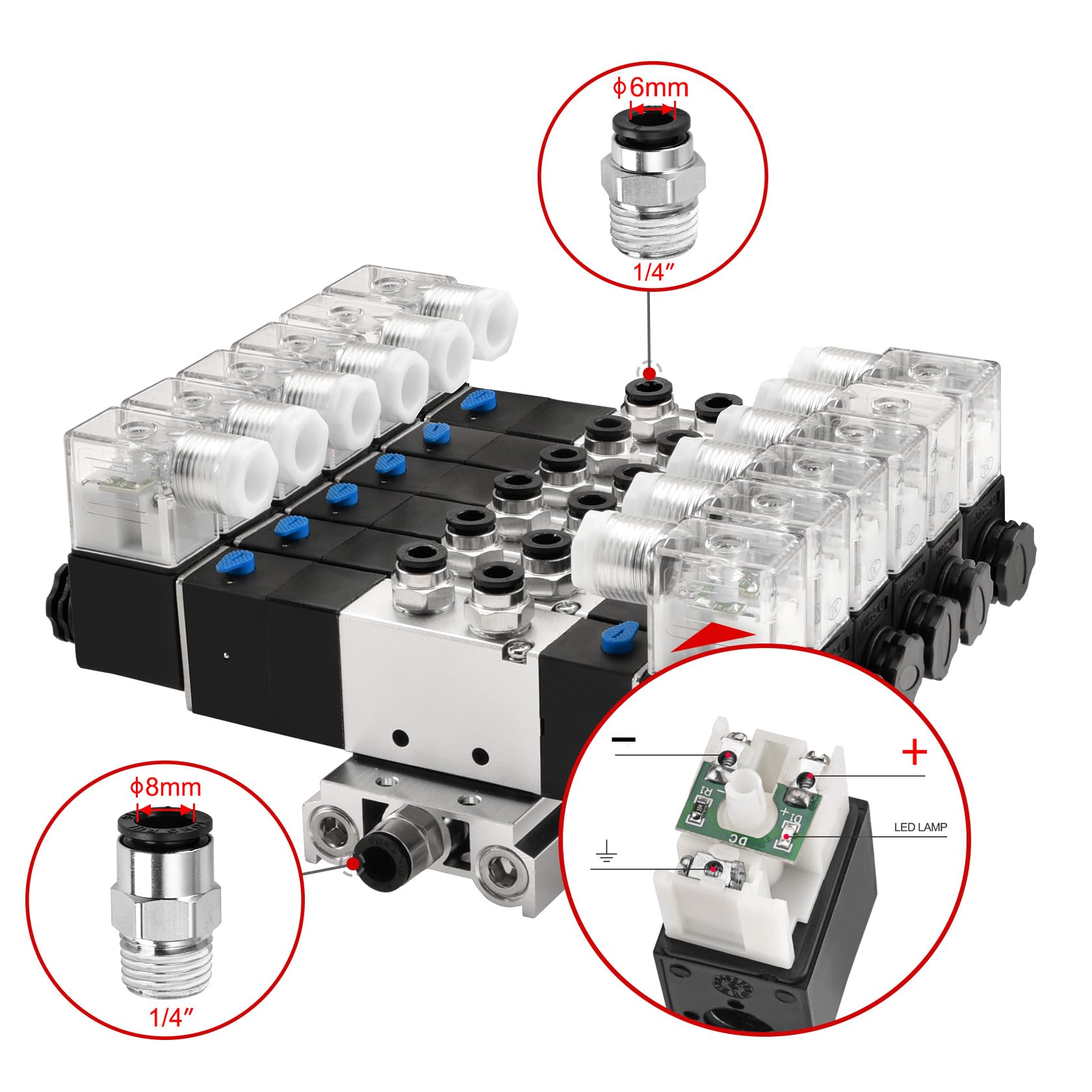 Heschen Electroválvula neumática eléctrica 6, 4V230C-08, 24VDC, PT1/4, 5 vías 3 posición, base del colector, silenciador, conjunto de accesorios rápidos, CE