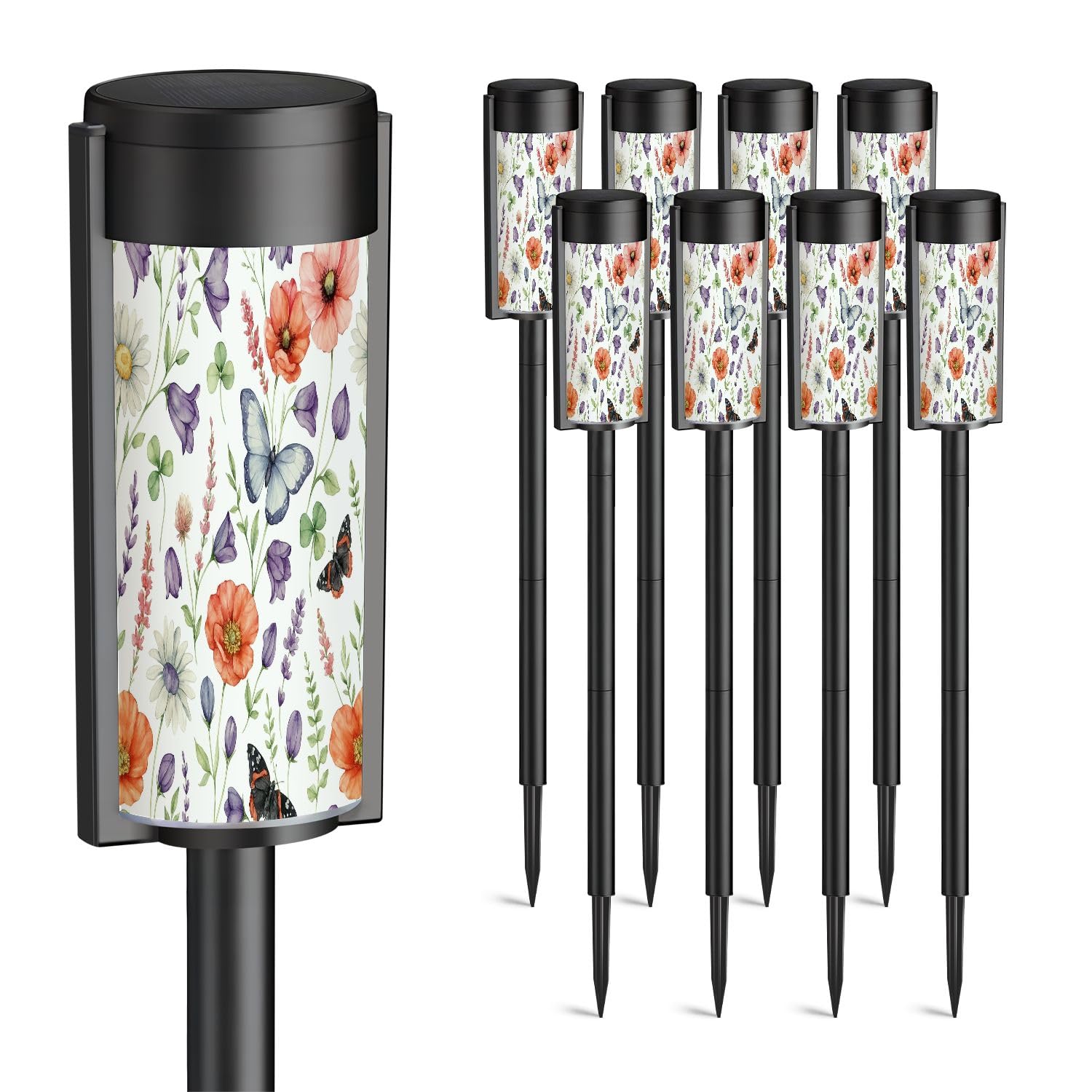 8 Pack Solar Pathway Lights Outdoor Waterproof Watercolor meadow flowers seamless chamomile butterfly Hand painted Solar Garden Lights LED Landscape