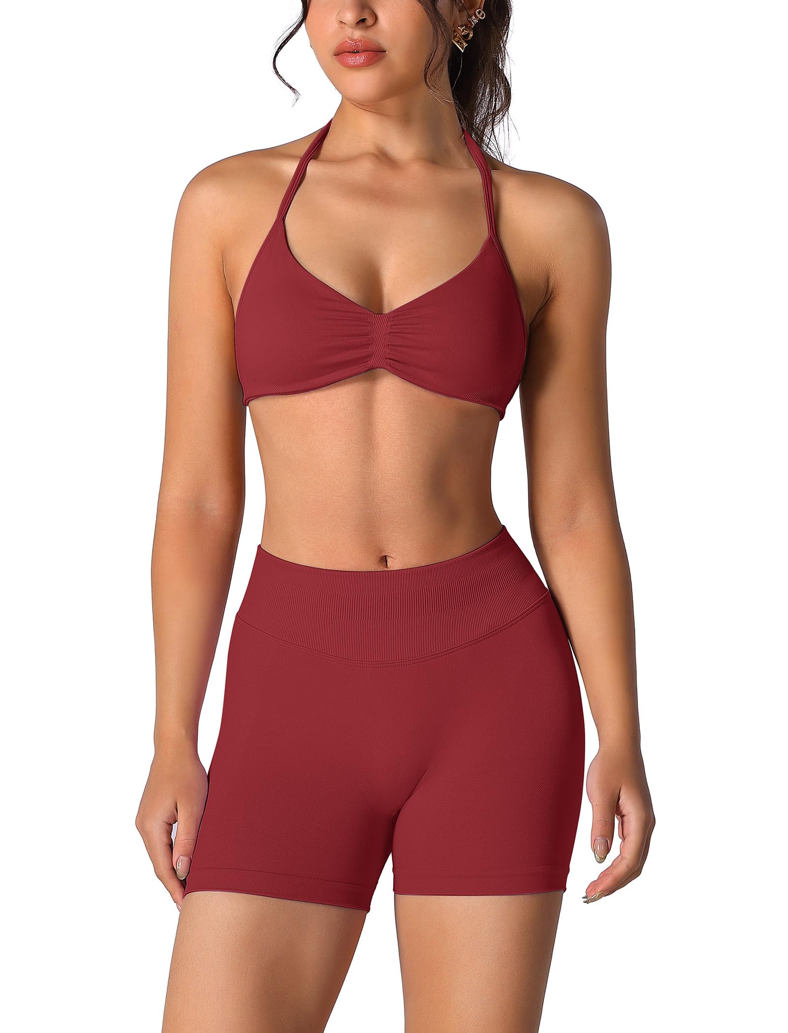 ABOCIW Womens Seamless Workout Sets 2 Piece Strappy Halter Sports Bra Scrunch Butt Shorts Gym Yoga Outfits