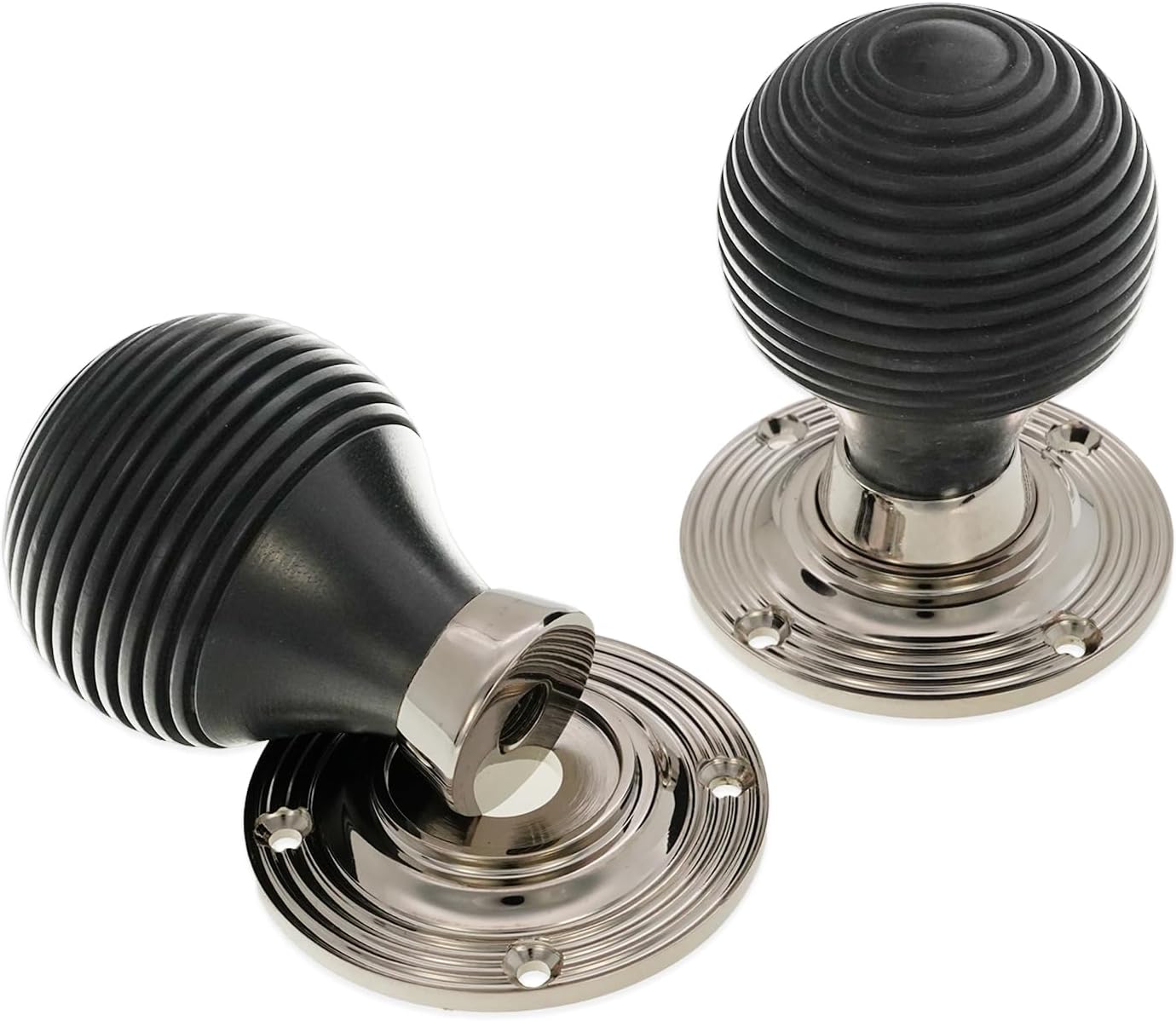 Infinity Decor Victorian Pure Ebony Wooden Beehive Mortice Rim Door Knobs Pull Handles on Polished Nickel Rose 55mm – Ideal for Interior & Exterior Use