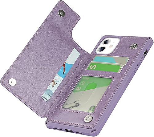 Miniatura 8 de Cavor Funda para iPhone 11 con tarjetero, iPhone 11 para mujer, funda protectora de cuero a prueba de golpes para hombres, color morado macarrón