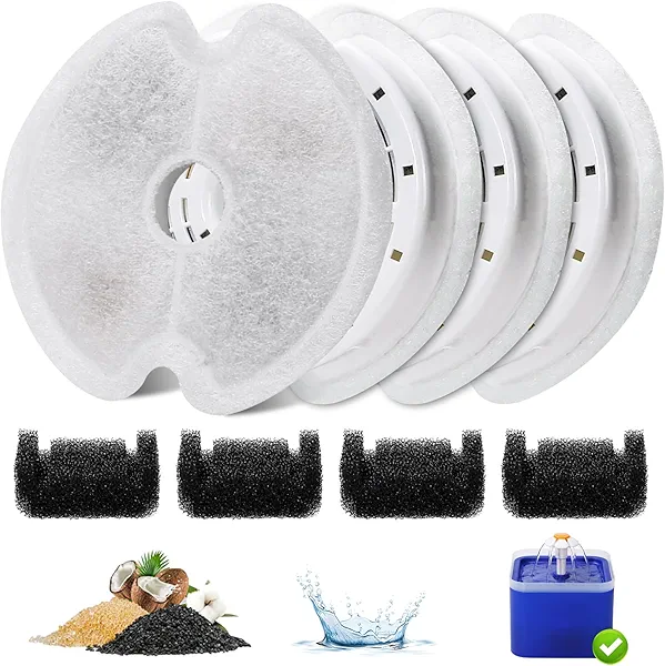 4 Packs Cat Water Fountain Filters for Ultra Silent Cat Fountain 67oz/2L with LED Night Light, Triple Filtration System Activated Carbon Filter with Pre-Filter Sponges for Pet Water Fountain