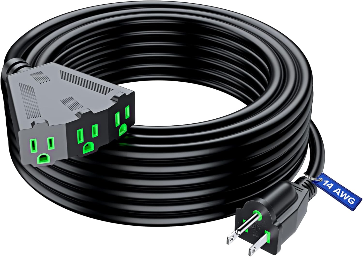 Extension Cord 50 ft, Extension Cord with Multiple outlets, SJTW 14 Gauge (Black) ETL Listed