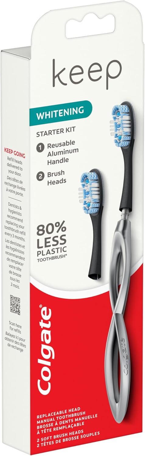 Colgate Keep Soft Manual Toothbrush for Adults with 2 Whitening Brush Heads, Silver