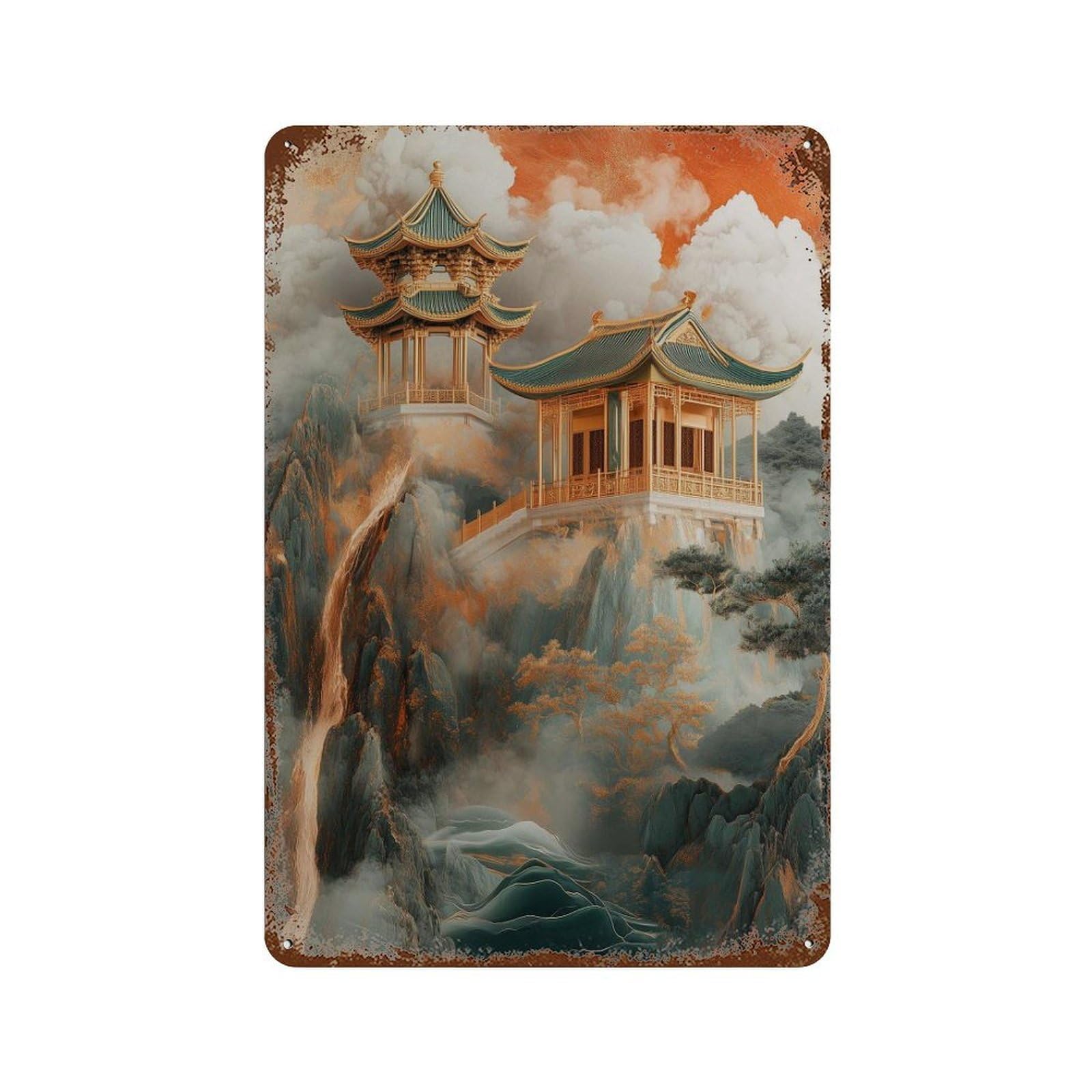 xiaoxiaoshen Mountain Temple Landscape Asian Pagoda Dramatic Cloud Waterfall Nature Wall Decor Art Metal Tin Poster Modern Home Decor Art Home Bar Shop Decorations Vintage Sign 30x20cm
