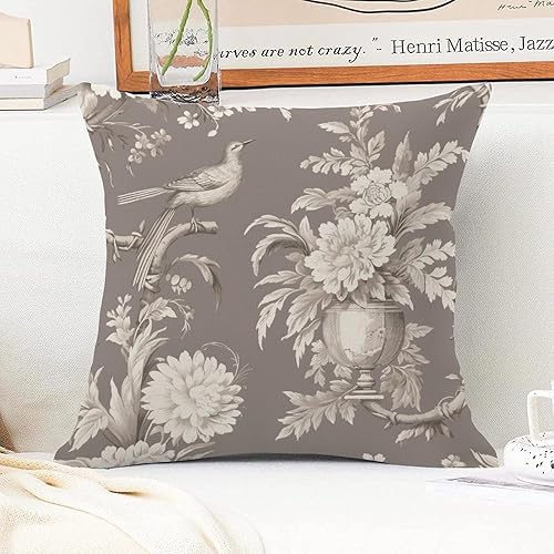Miniatura 2 de Fundas de cojín florales de Toile marrón y blanco para el hogar, sofá, automóvil, oficina, cama, sala de estar, decoración retro de granja de 22 x