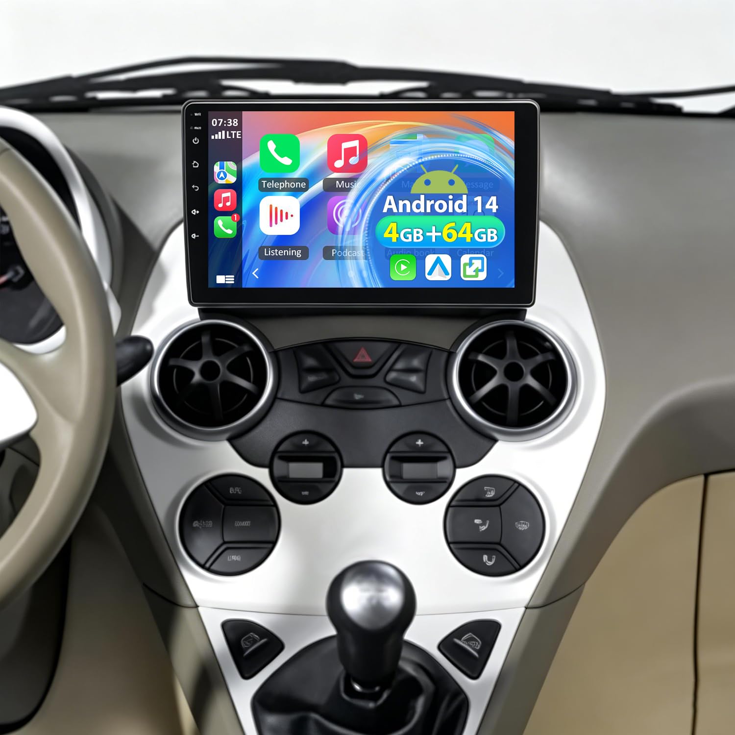 Android 14 4GB+64GB Autoradio für Ford Ka 2008-2014 9 Zoll Navigationsgeräte für Auto Doppel Din Radio Bluetooth mit Wireless CarPlay Android Auto GPS Navigation FM/RDS SWC DSP