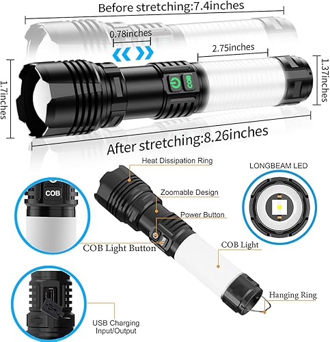 Miniatura 7 de Linterna recargable de alto lúmenes, súper brillante de 20000 lúmenes de alta potencia con luz COB, linterna de luz de campamento 2 en 1, tipo C,