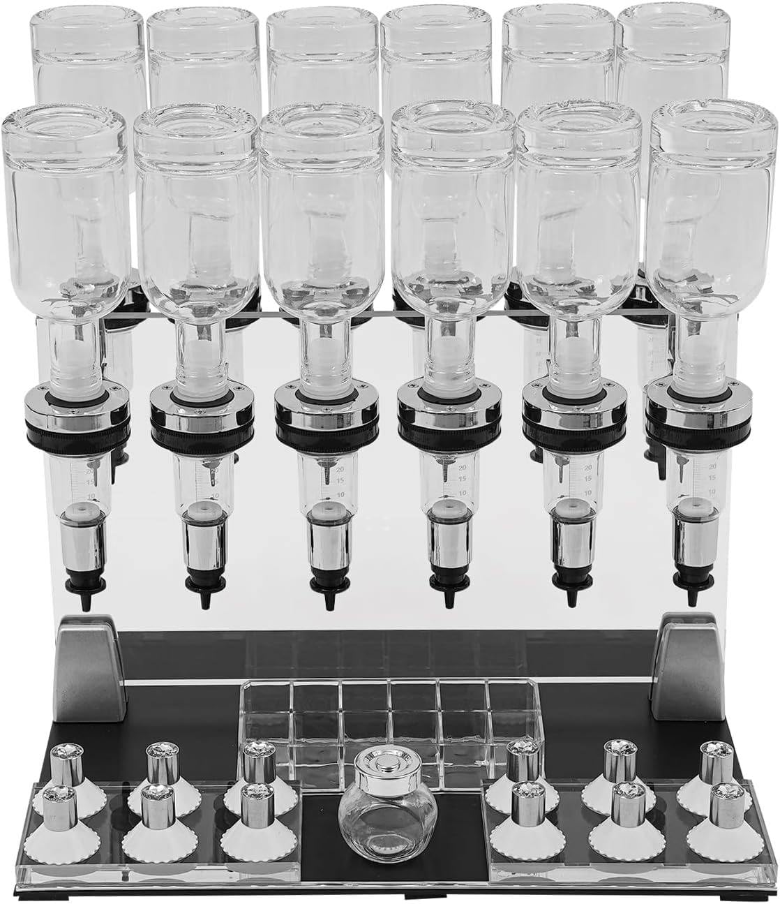 Manueller Parfümspender für Bars, Parfümflakons aus Glas, verstellbare Pumpköpfe und Testbecher, Acryl-Rückwand-Präsentationsständer – für Parfümerien, Labore und Bars 12heads