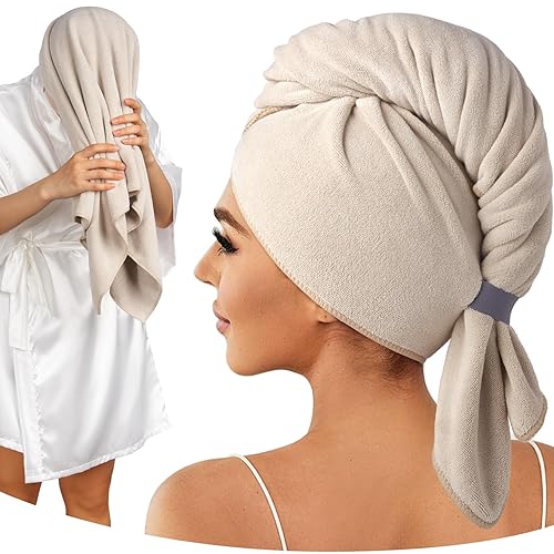 Toalla de pelo 100% microfibra, toalla de cuidado del cabello súper absorbente de 41 x 22 pulgadas, toalla de pelo ultra suave con lazo elástico,