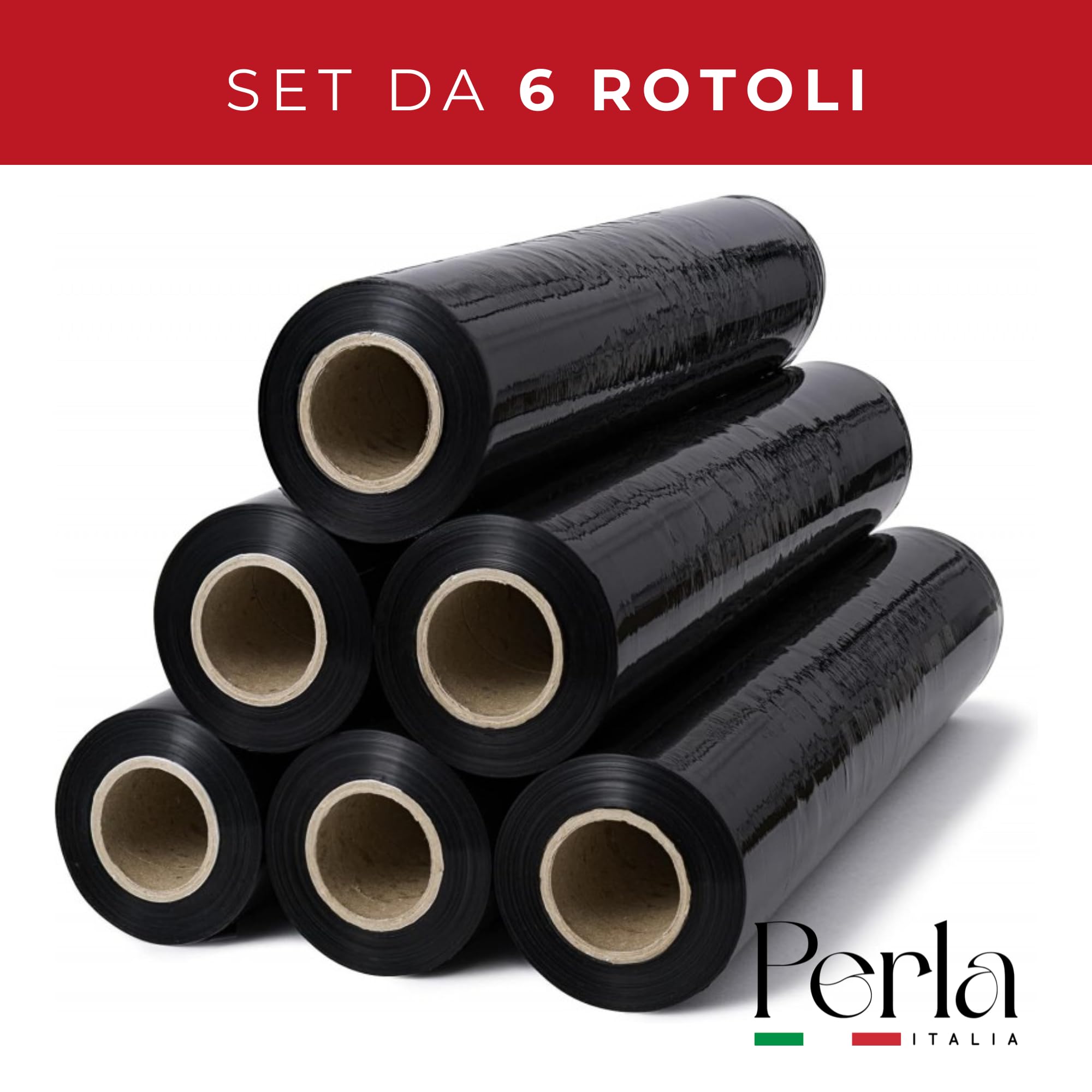 Perla, 6 Rotoli Film Estensibile Imballaggio, Pellicola Nera per Imballaggio, Bobina peso 2,4 Kg, Altezza 50 Cm Spessore 23mycron, Rotolo Pellicola Multiuso Extra Resistente per Spedizioni e Trasloco