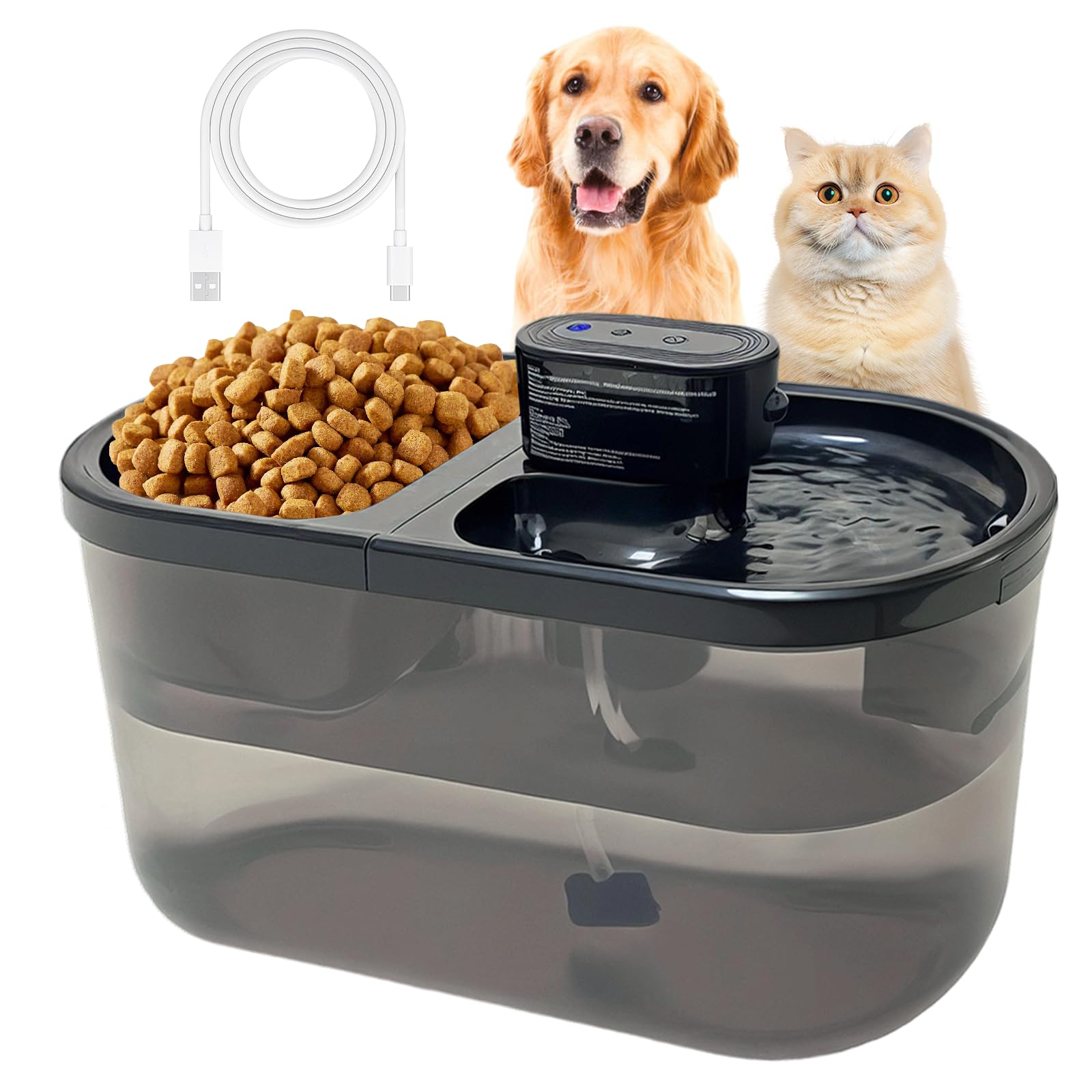 Automatischer Trinkbrunnen für Katze,Katzenbrunnen Kabellos mit Bewegungsmelder,Trink- und Fütterungsautomat für Katzen mit 4,5 Litern, Wasserspender für Katzen, Futterautomat für Haustiere