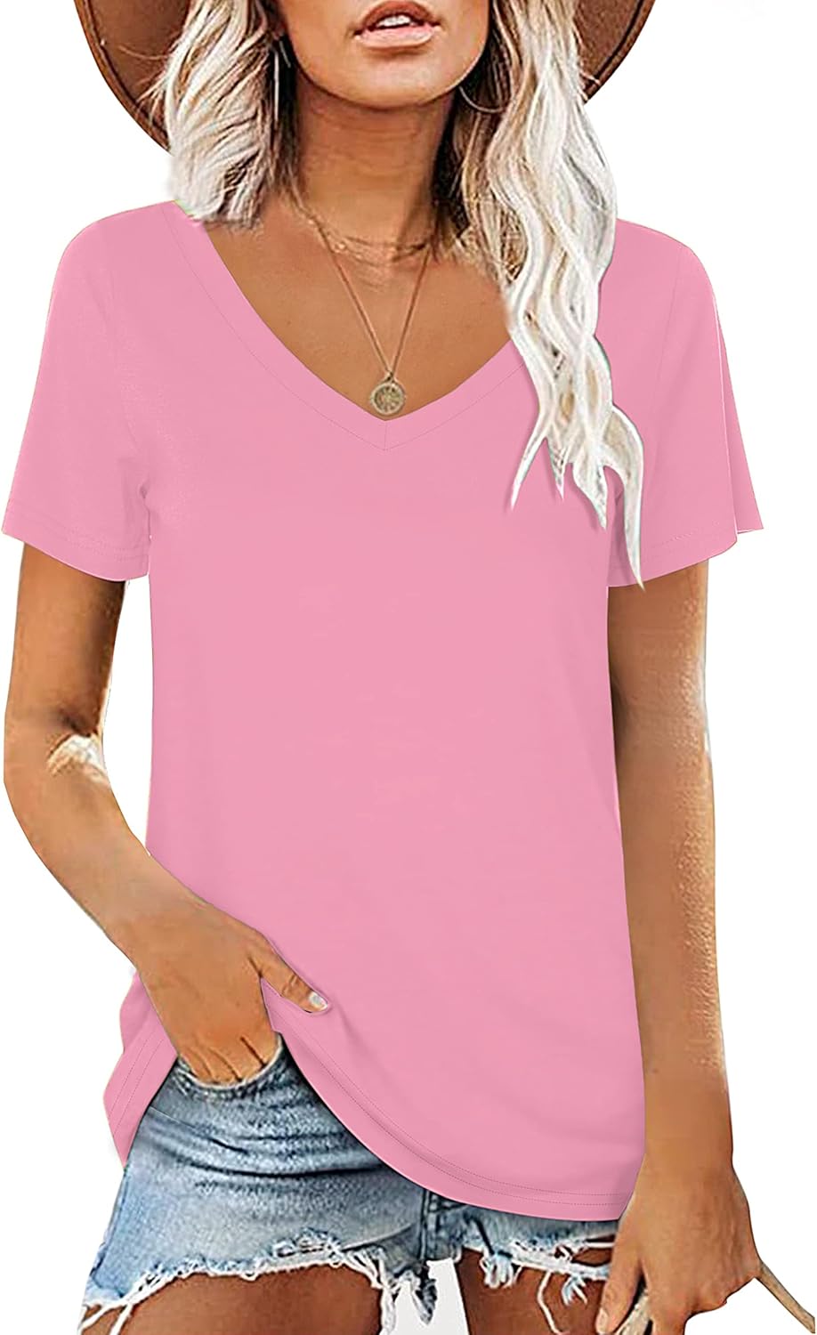Elesomo Womens Cotton Tops Short Sleeve V Neck Tshirt Casual Summer