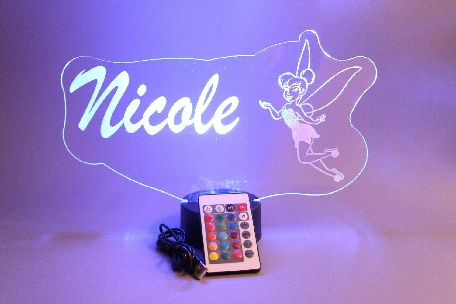 Birsppy Tinkerbell Fairy Princess Night Light Up Table Lamp Personalized Free Engraved Made to Order, Home Room Decor, 16 Bright Color Options, with Remote, A Must Have!F