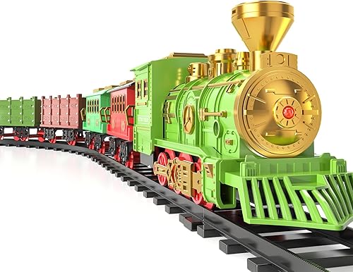 TEMI Juego de Tren Grande  Juguete de Tren Eléctrico para Niños con Locomotora de Humo de 3 Vías, Luz y Sonidos, Vagones de Carga y Vías Largas,