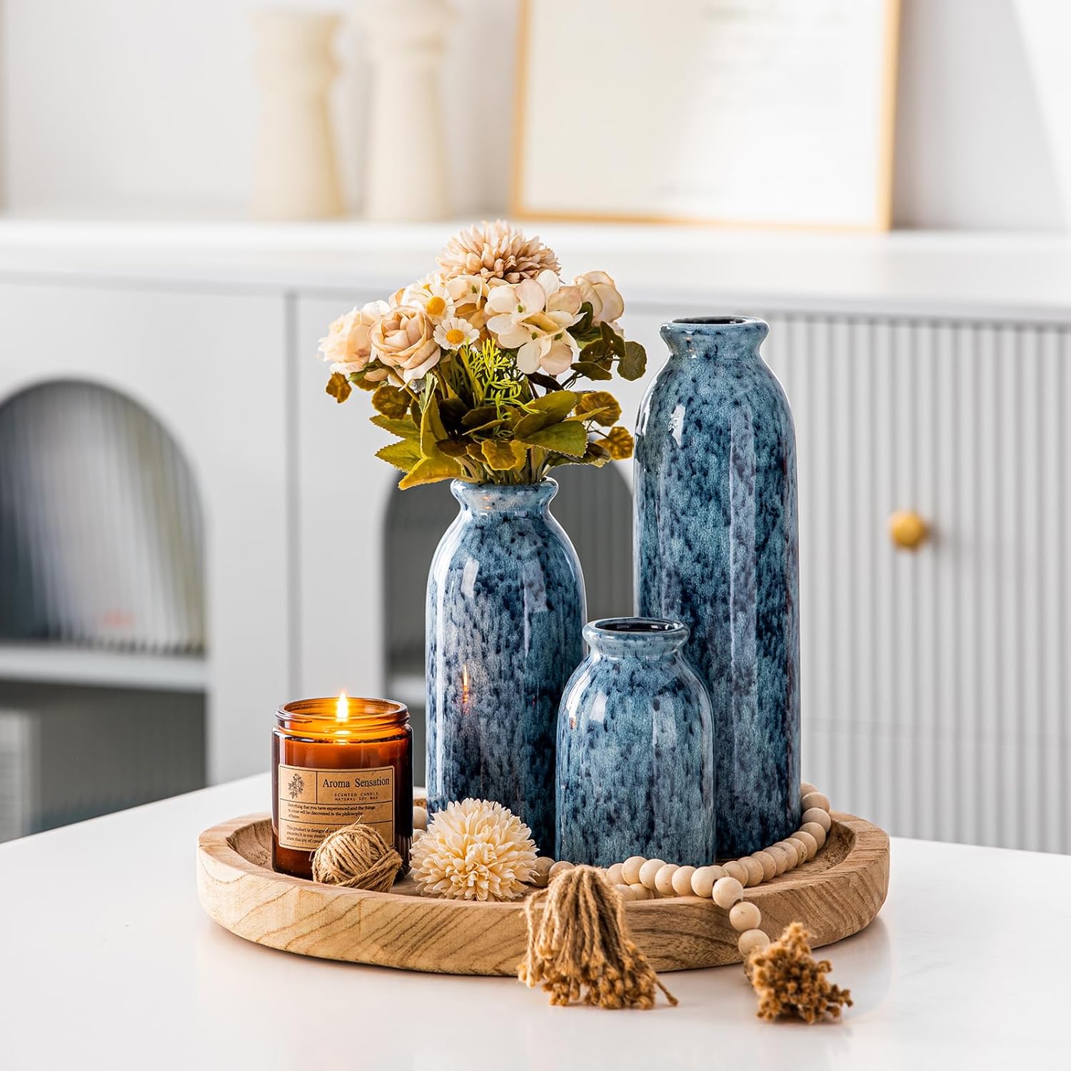 CWLWGO-Blue Ceramic Vase Set, Farmhouse Country Blue Vases for Home Decor, Vases for Your Kitchen Living Room Table Decoration, Shelf Centerpiece and Entrance Decorations. - Image 5