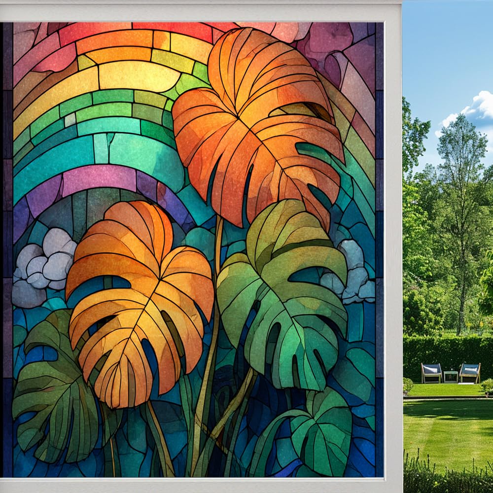 Retro Monstera Frosted Window Film, Abstract Colorful Plant Leaves Stained Glass Privacy Film, Heat Insulation Self-Adhesive Vinyl for Bathroom Office, （90x160cm）