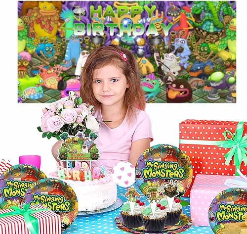 Miniatura 7 de My Singing Monster Party Supplies Platos Decoraciones Decoración Pastel de Cumpleaños Decoración Banner Decoración Globos Telón