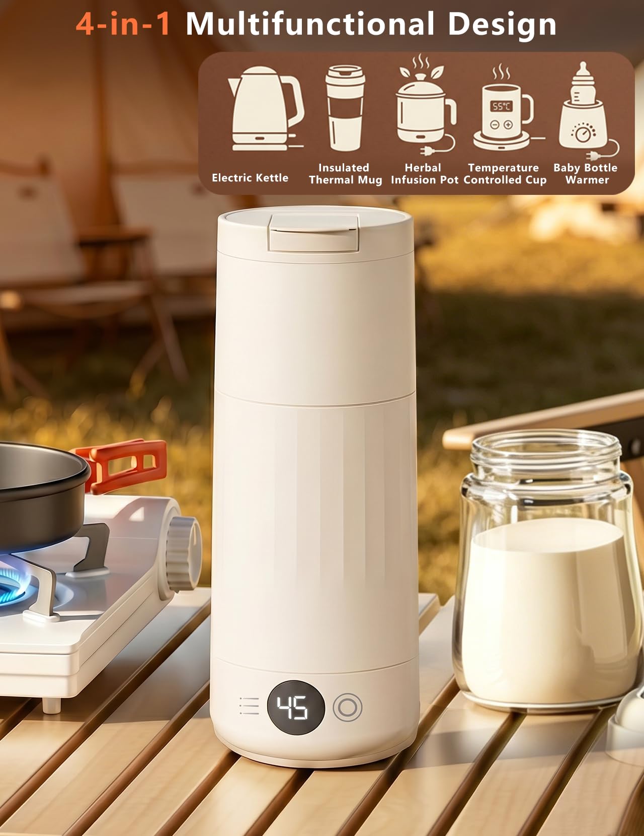 Hervidor eléctrico de viaje de 600 ml, pequeño, hervidor de agua de viaje rápido 316 de acero inoxidable, con ajuste de temperatura, apagado automático, temperatura constante, apertura para beber