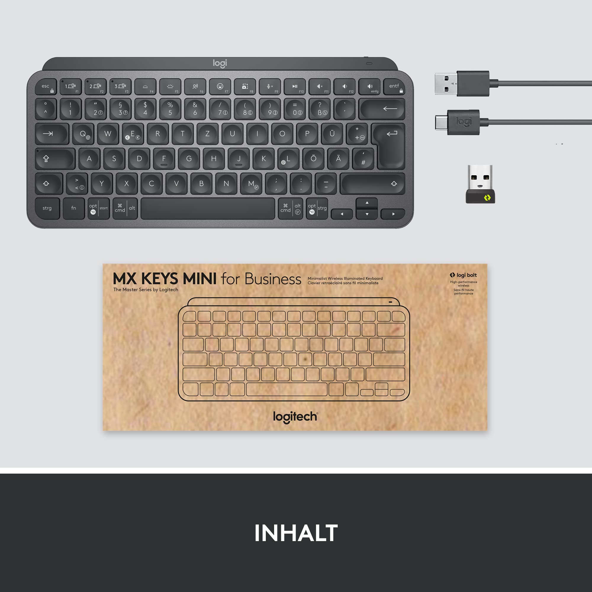 Logitech MX Keys Mini Wireless Illuminated Keyboard for Business, Kompakt, Logi Bolt USB-Empfänger, Hintergrundbeleuchtung, wiederaufladbar, Windows, macOS, Linux, iOS, Android, DEU QWERTZ - Graphit