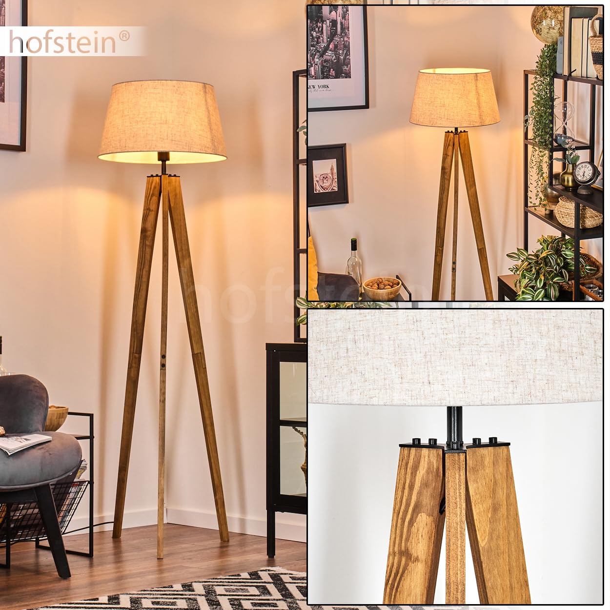 Lampada da terra Bassagoda, lampada da terra in legno/metallo/tessuto colori naturali/nero/beige, design scandinavo con paralume rotondo (Ø 45 cm) e interruttore a pedale, 159 cm, E27, senza lampadina