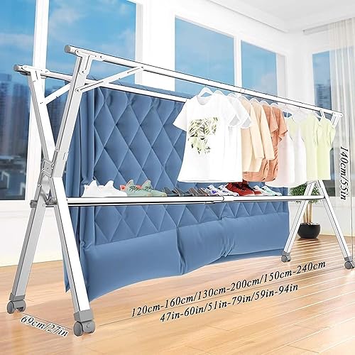 Miniatura 7 de Laundry Drying Rack Floor Stainless Steel Clothes Drying Rack Foldable Adjustable Large Garment Laundry Racks Portable Clothing Balcony
