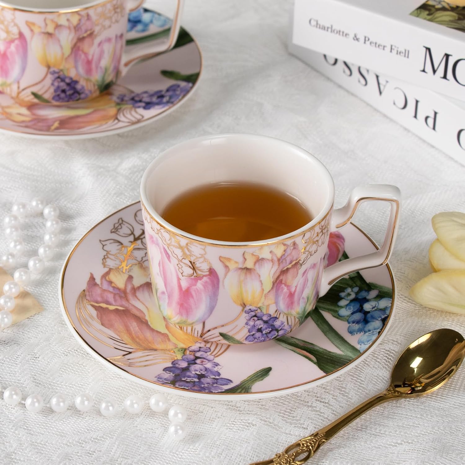 KAMMAK Tea Cups and Saucers Set of 2, Porcelain Coffee Cups, Stackable Espresso Mugs, Ceramic Demitasse for Coffee, Latte, Americano, Tea, Turmeric - Gold