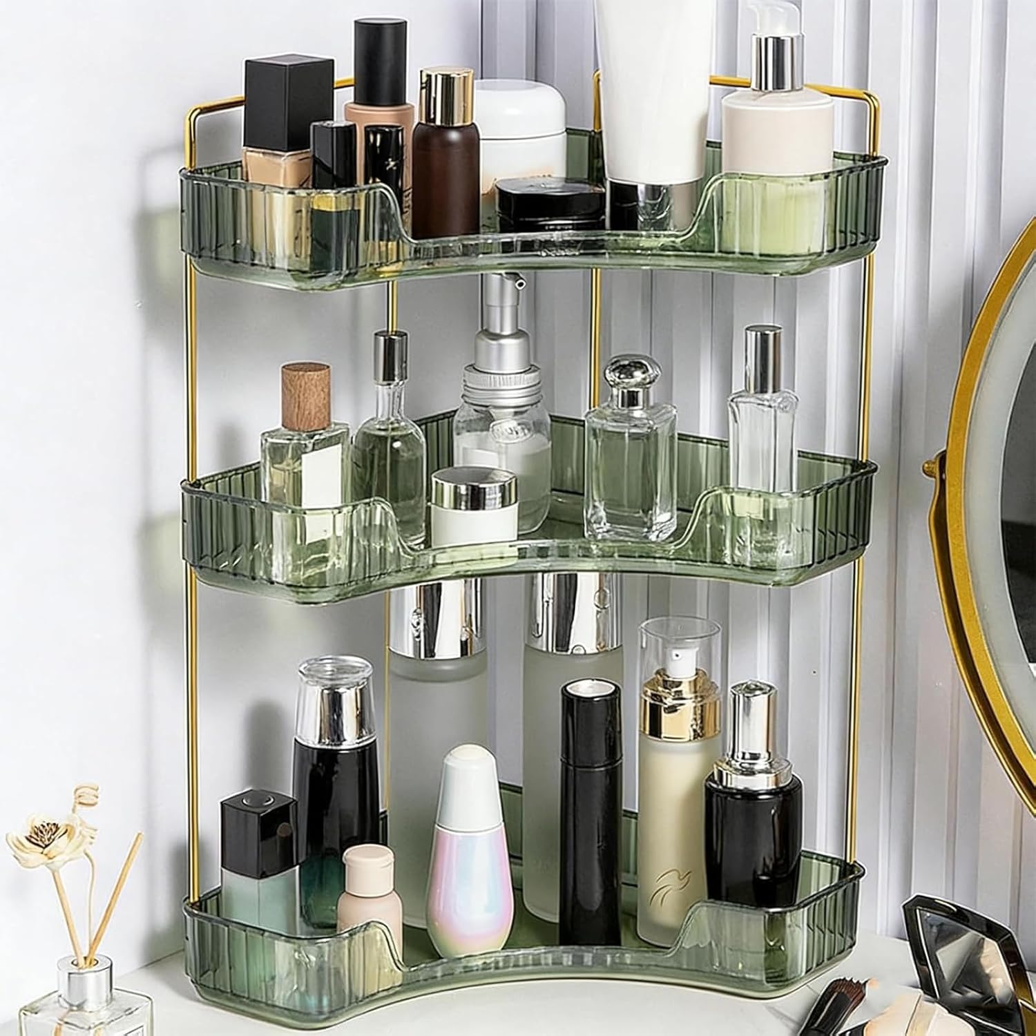Multi-Tier Corner Countertop Organizer Rack Bathroom Makeup Counter Organizer Tool-Free Installation Acrylic Vanity Shelf Storage Organizers Perfume Tray Bathroom Dresser Kitchen (Green, 3-Tier)