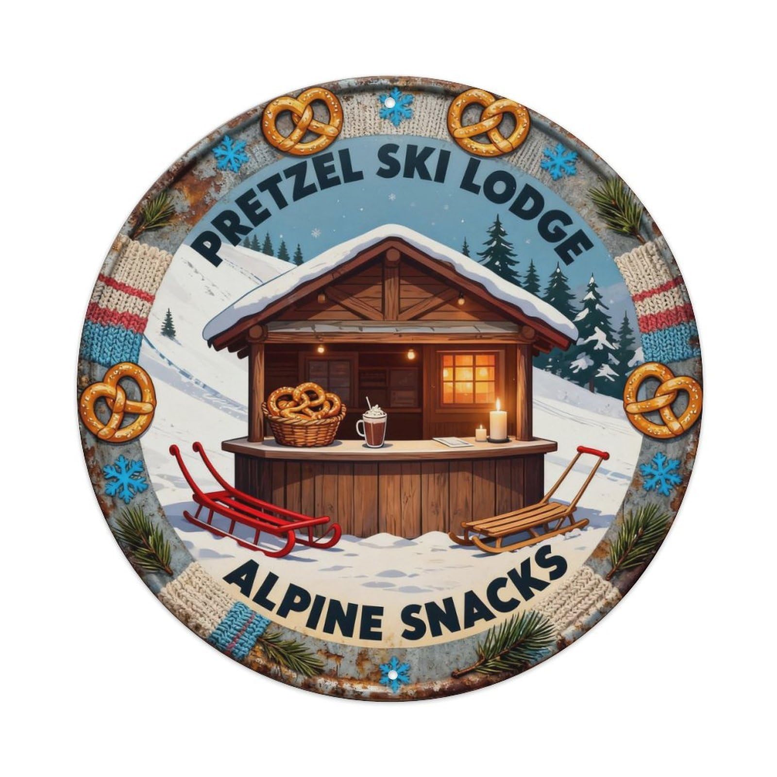 Pretzel Ski Lodge Sign Metal Tin Sign Plaque