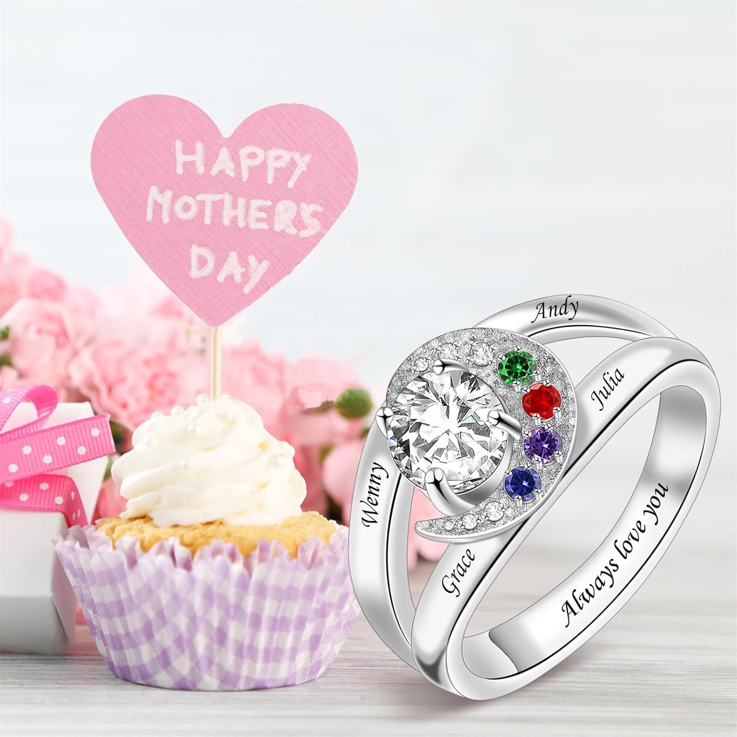 MissNaNa Birthstones Rings for Mothers Personalized Simulated Birthstones & Family Names Rings Promise Rings Sterling Silver Ring for Her Women Mom Mothers Grandma