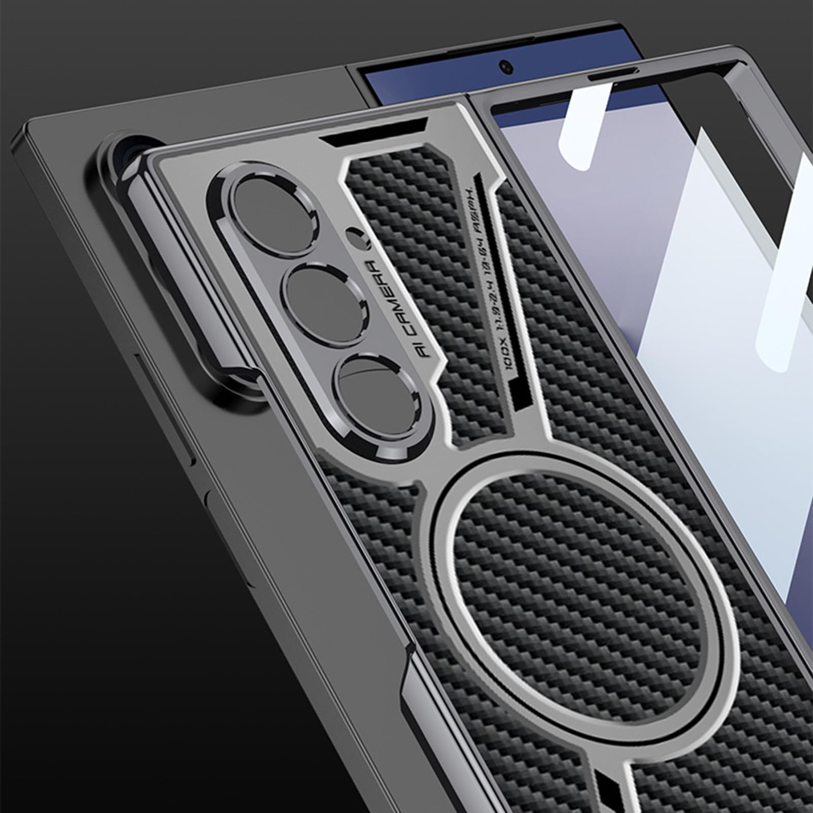 Magnetyczne etui do Samsung Galaxy Z Fold 7, ochrona aparatu, odporne na wstrząsy, wbudowana osłona ekranu, skórzane etui z teksturą włókna węglowego, czarne