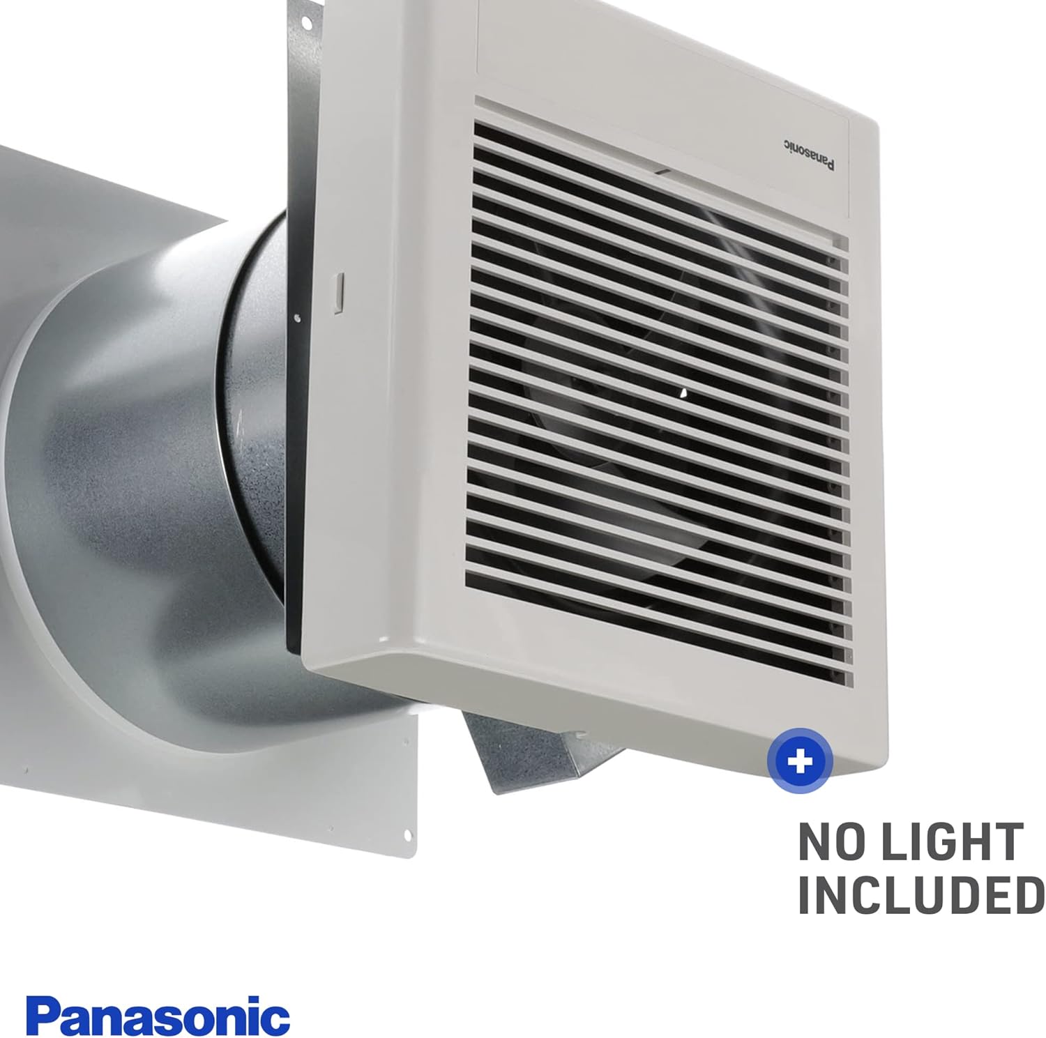 Panasonic FV-08WQ1 WhisperWall Bathroom Fan unit with grille, highlighting that no light is included.