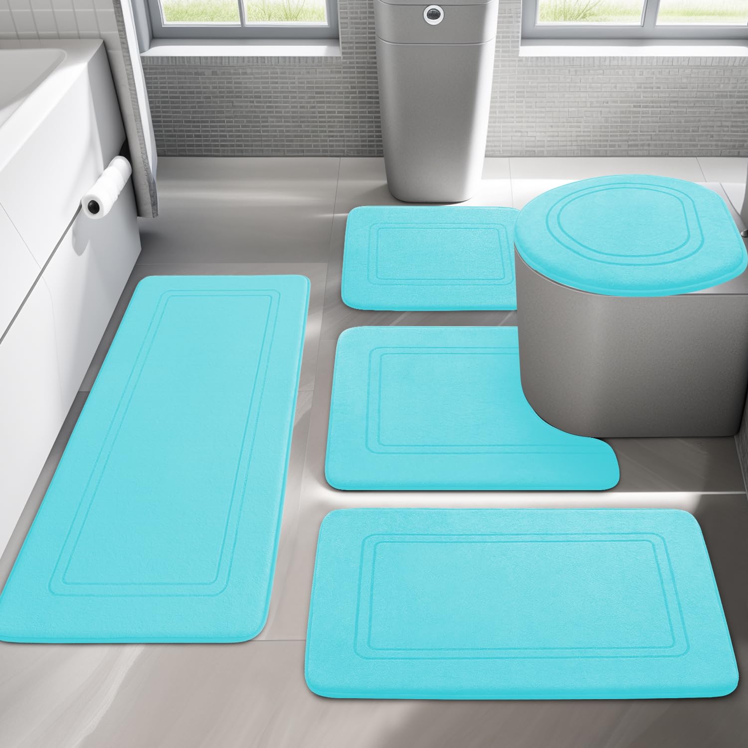 chakme Set di 5 tappeti da bagno, tappetino da bagno in memory foam, antiscivolo, lavabile, set di tappeti da bagno, per WC, doccia e vasca da bagno, colore: verde blu
