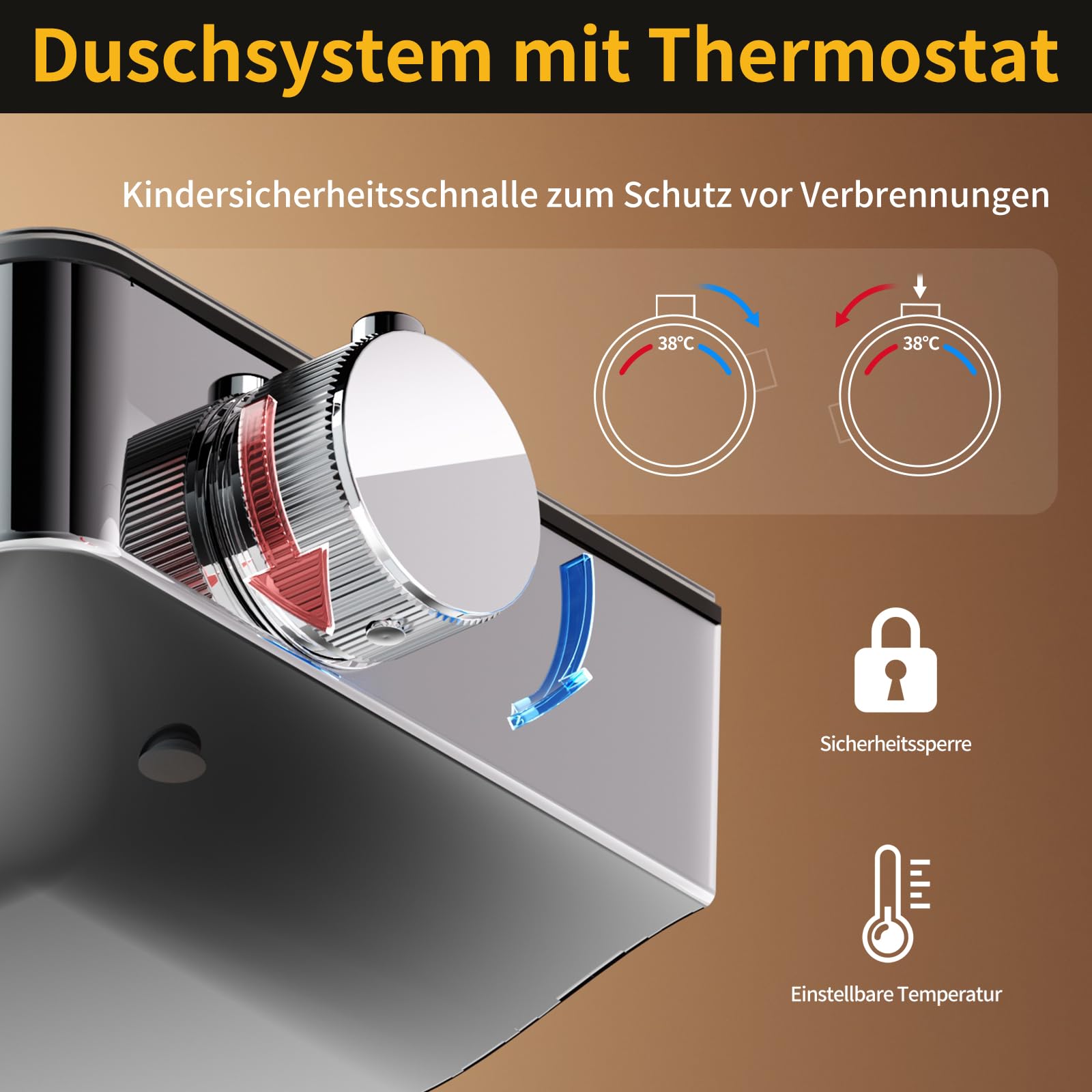 HANLIAN Duschsystem mit Thermostat, Duscharmatur Komplettset mit Sicherheitsverriegelung, Regendusche mit Armatur, Duschamaturenset Regendusche mit Anhebbarer Brausestange (Stil L38, Chrom)