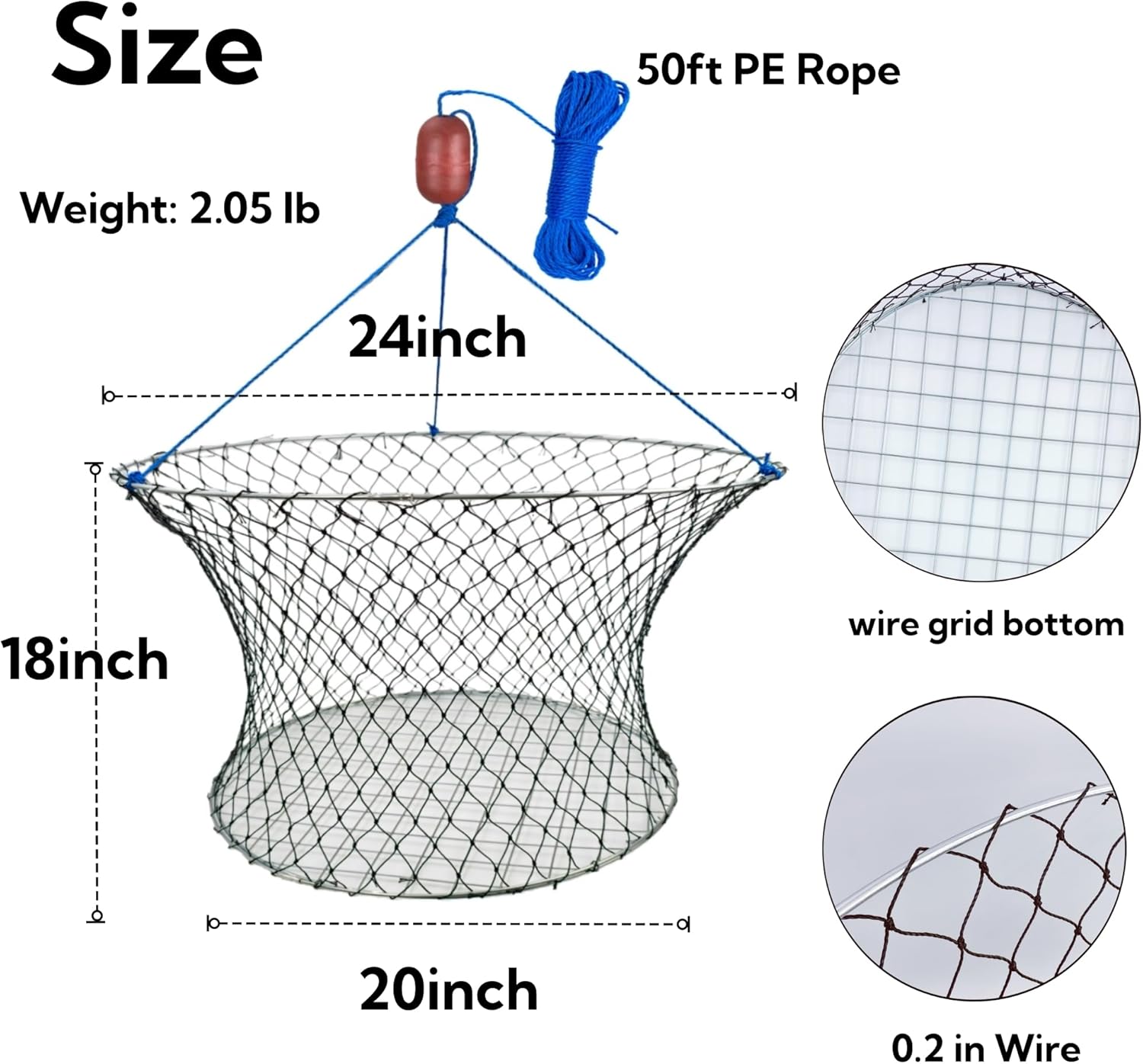Double Ring Crab Trap - Steel Ring Crab Net, 24" Top, 20" Bottom, 50' Rope, Clip, Gauge for Dungeness, Rock and Blue Crab