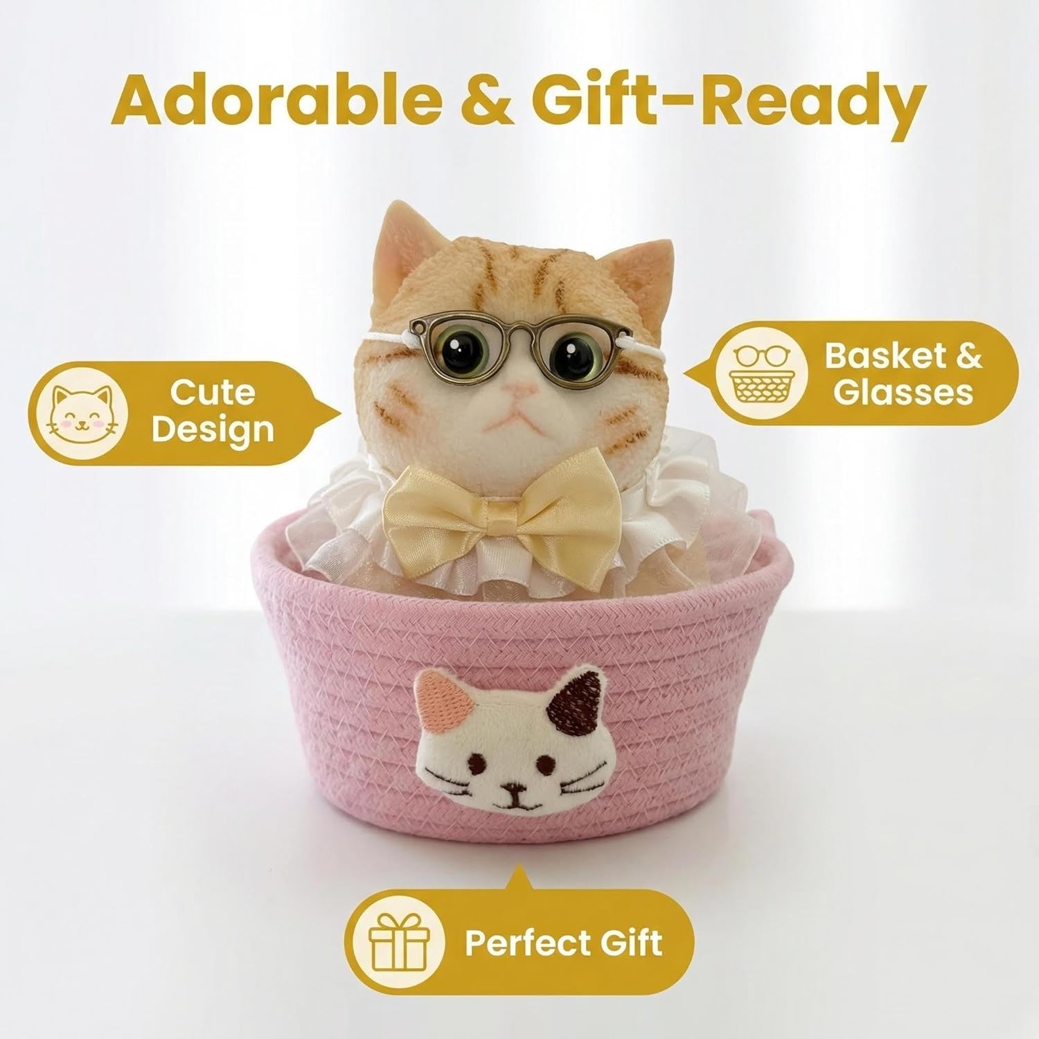 Big Taba Squishy Cat - Jumbo 6" Giant Kawaii Stress Relief Toy with Knitted Basket & Glasses（Caramel Cream Cat ）