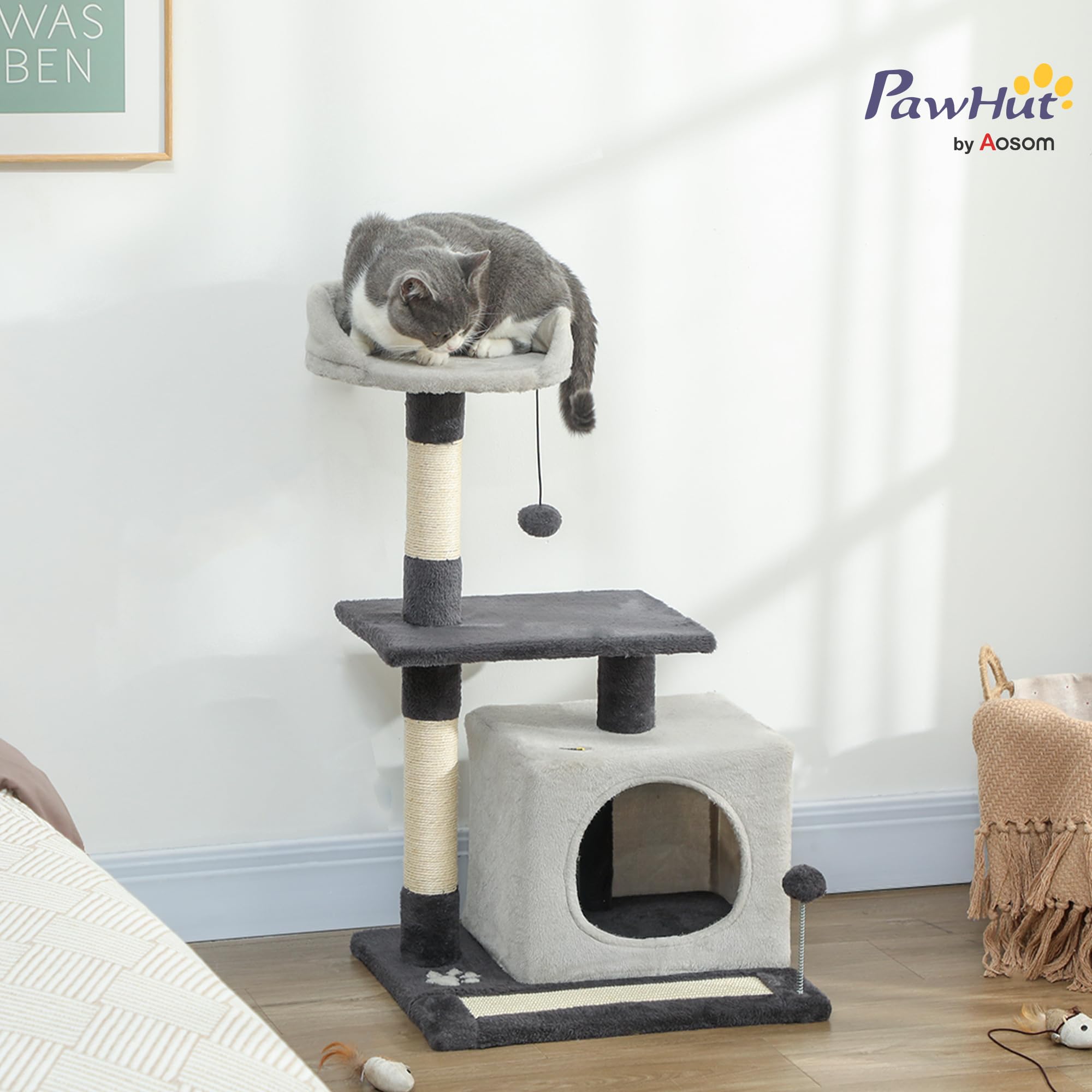 PawHut Albero Tiragraffi per Gatti Alto 85 cm, Torre per Gatti e Gattini con Casetta, Lettino Superiore, Pallina, Pali in Sisal e Tappetino Tiragraffi, Grigio Chiaro