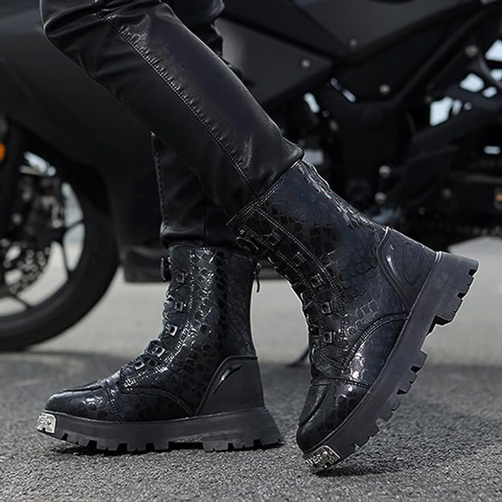 DJFOG Damen-Motorradstiefel, High-Top-Motorradschuhe mit Knöchelunterstützung, lässige, wasserdichte, rutschfeste Motorrad-Reitstiefel aus Leder