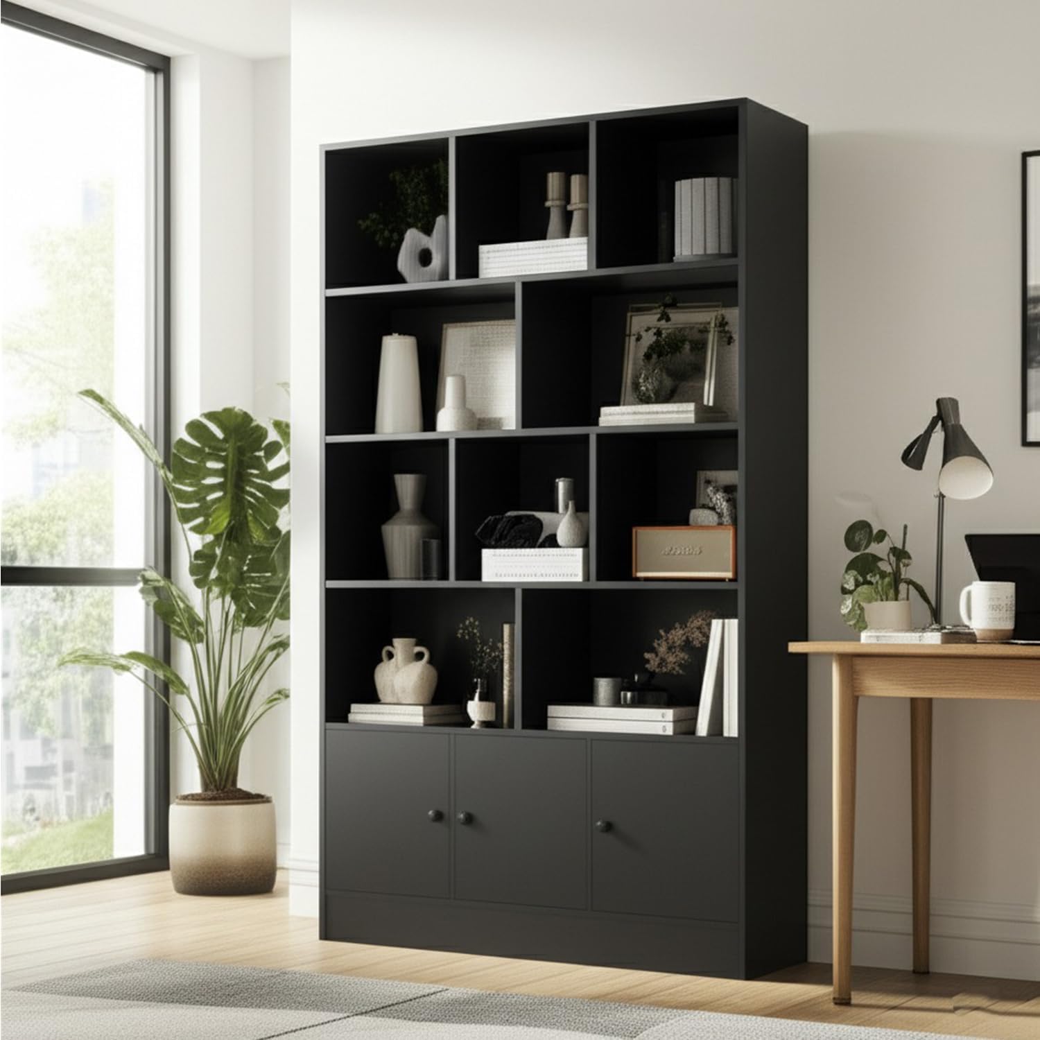 Anystyle Black 5-Tier Bookshelf, 13-Cube Display Cabinet with 3 Doors, Freestanding Bookcase with Anti-Tip Kit for Living Room & Home Office, 35.4” W x 11.8” D x 65” H