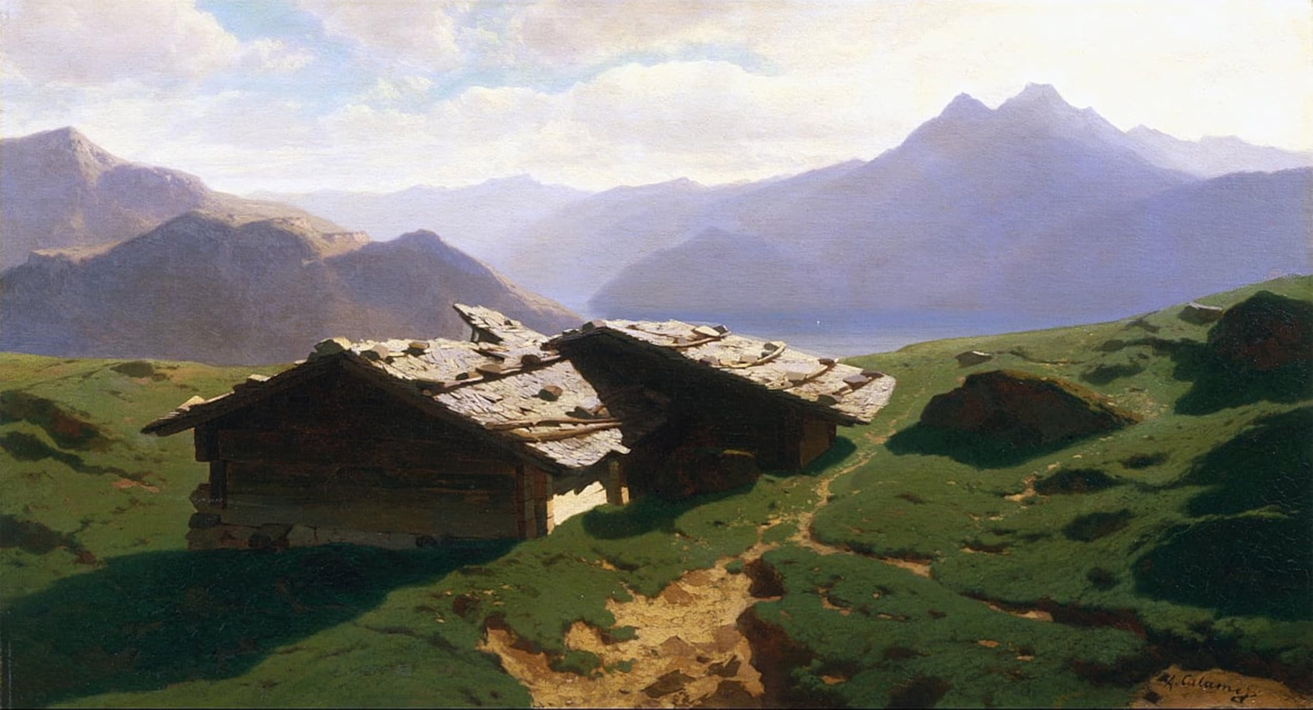 POSTERIIk Vintage Classic Picture Landscape Artwork Chalets À Rigi Chalets At Rigi Label by Alexandre Calame Portrait Canvas Painting for Office Home Decor 60x90cm