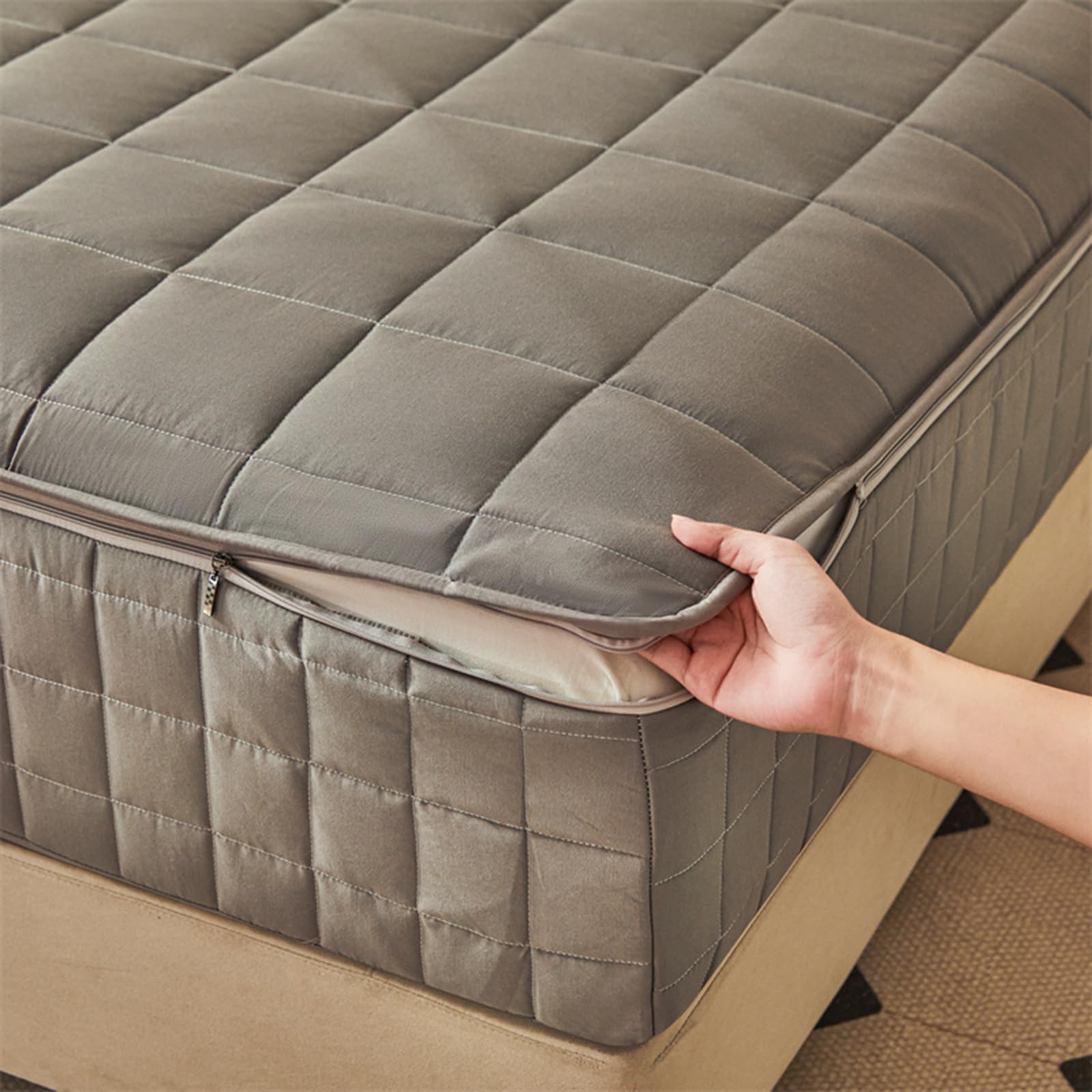 Zhaijyli Gray A King Size Mattress Cover With Zip Customizable Zipped Quilted Mattress Protector 40Cm Deep Fitted Sheets Zippered Mattress Topper Cover Fully Encased Mattress Encasement (135X190+30Cm,