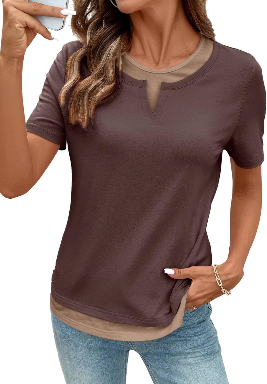 SHEWIN Womens Tops Casual Crewneck Color Block Short Sleeve Mock Double Layer T-Shirt Summer Outfits for Women 2026
