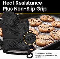 Vista 3 de Generic Guantes de silicona para horno, antideslizantes, flexibles, duraderos, fáciles de limpiar, forrados de algodón, color negro (2 unidades)