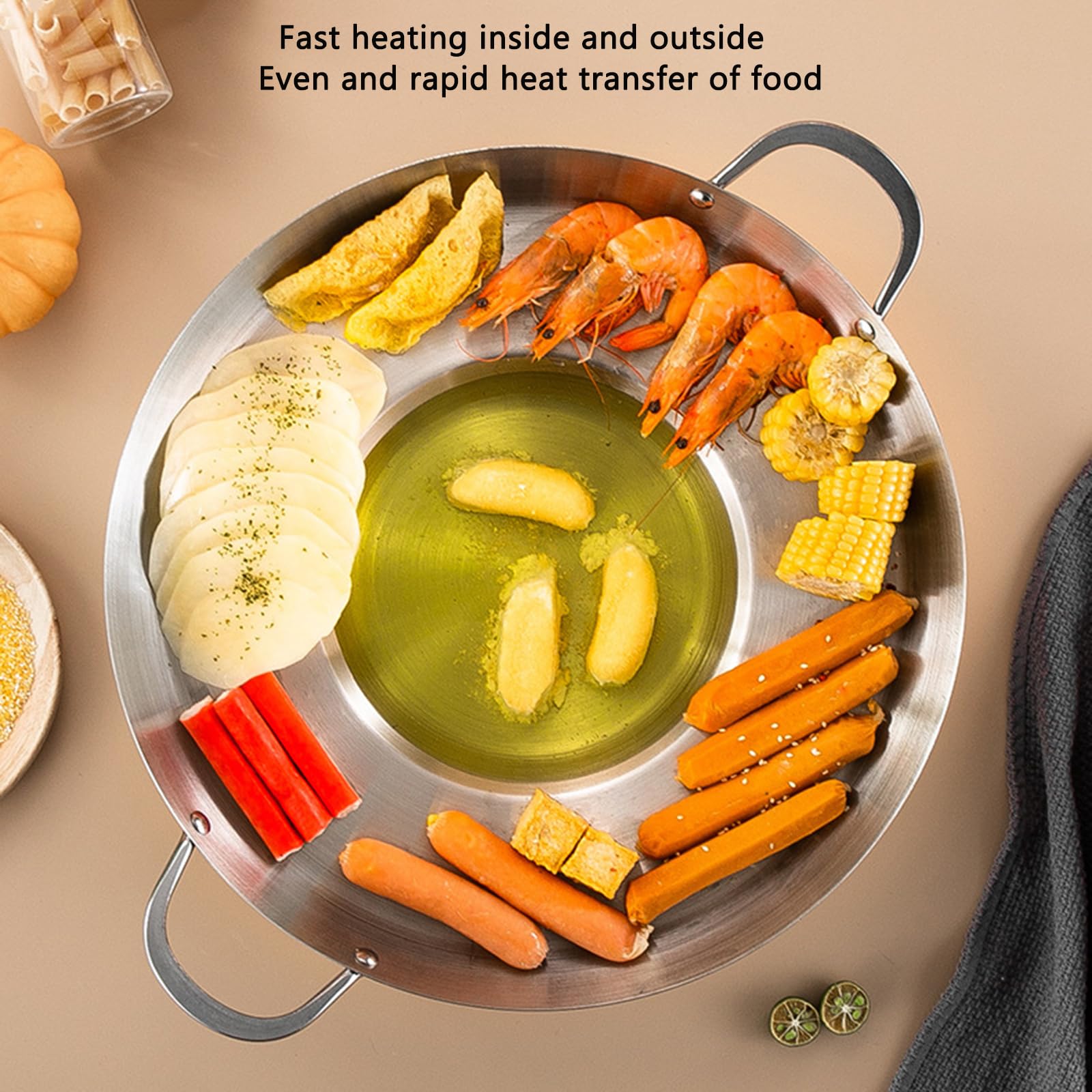 SVRITE Stainless Steel Uncoated Non- stick Concave Stir Fry Pan 38/40/45CM Round Skillet Grilling Pan Wok with Double Handle Cooking Pan for BBQ Bacon Fish Fried Food, Dishwasher Safe (38cm)